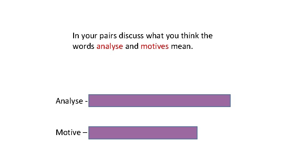 In your pairs discuss what you think the words analyse and motives mean. Analyse