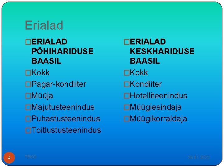 Erialad 4 �ERIALAD PÕHIHARIDUSE BAASIL �Kokk �Pagar-kondiiter �Müüja �Majutusteenindus �Puhastusteenindus �Toitlustusteenindus KESKHARIDUSE BAASIL �Kokk