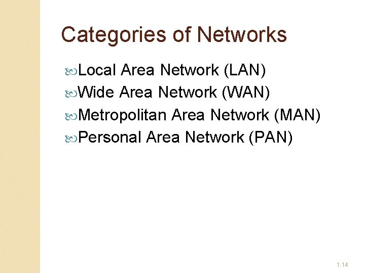 Categories of Networks Local Area Network (LAN) Wide Area Network (WAN) Metropolitan Area Network