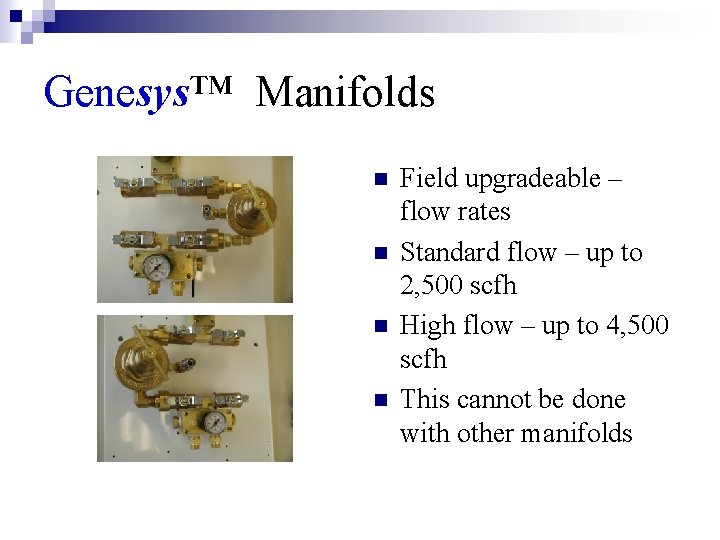 Genesys™ Manifolds n n Field upgradeable – flow rates Standard flow – up to