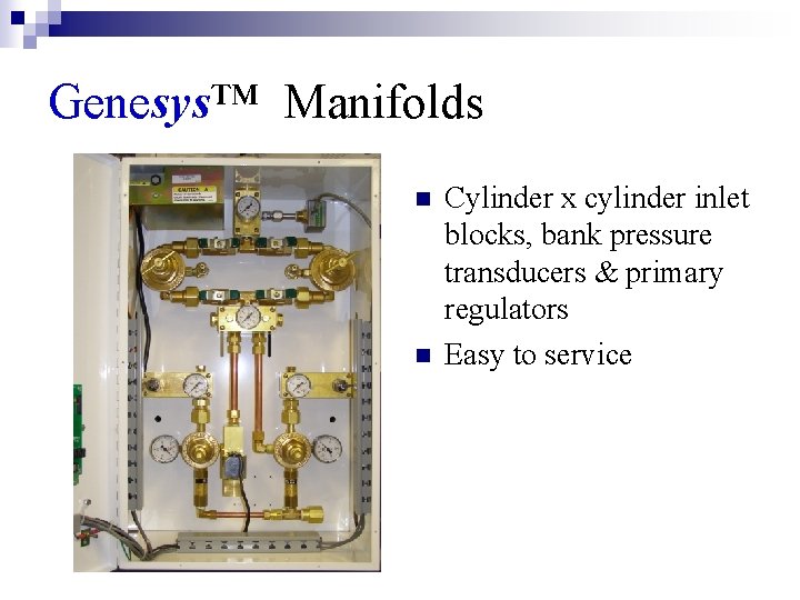 Genesys™ Manifolds n n Cylinder x cylinder inlet blocks, bank pressure transducers & primary