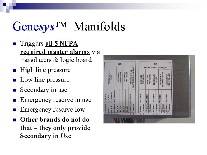 Genesys™ Manifolds n n n n Triggers all 5 NFPA required master alarms via
