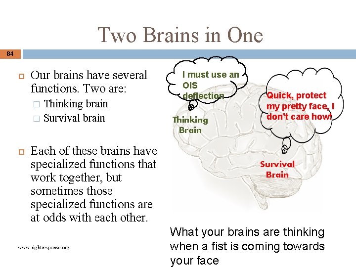 Two Brains in One 84 Our brains have several functions. Two are: Thinking brain
