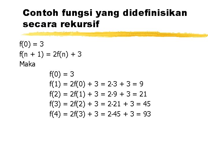 Contoh fungsi yang didefinisikan secara rekursif f(0) = 3 f(n + 1) = 2
