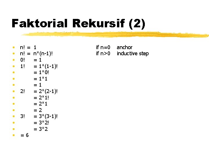 Faktorial Rekursif (2) • • • • n! = 1 n! = n*(n-1)! 0!