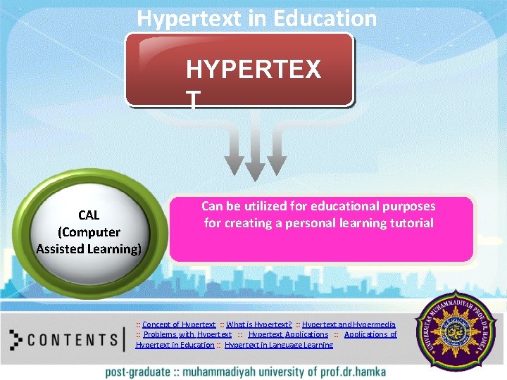 Hypertext in Education Text in here CAL (Computer Assisted Learning) HYPERTEX T Can be
