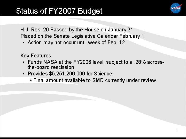 Status of FY 2007 Budget H. J. Res. 20 Passed by the House on