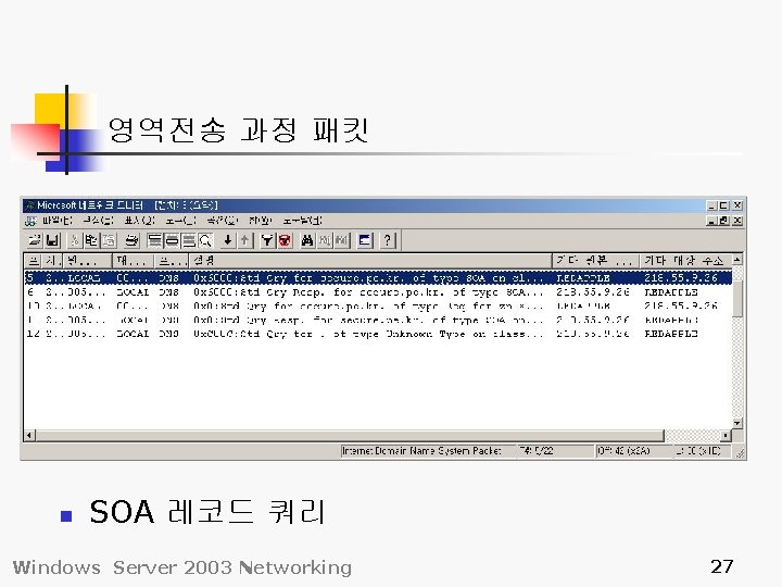 영역전송 과정 패킷 n SOA 레코드 쿼리 Windows Server 2003 Networking 27 