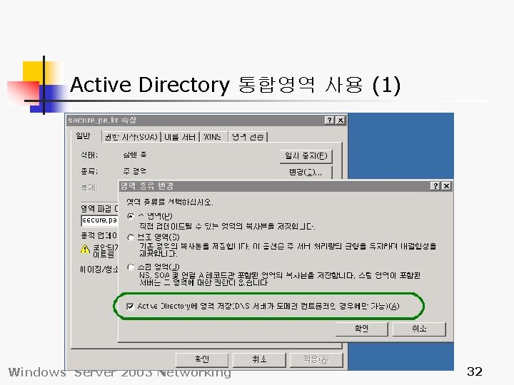 Active Directory 통합영역 사용 (1) Windows Server 2003 Networking 32 