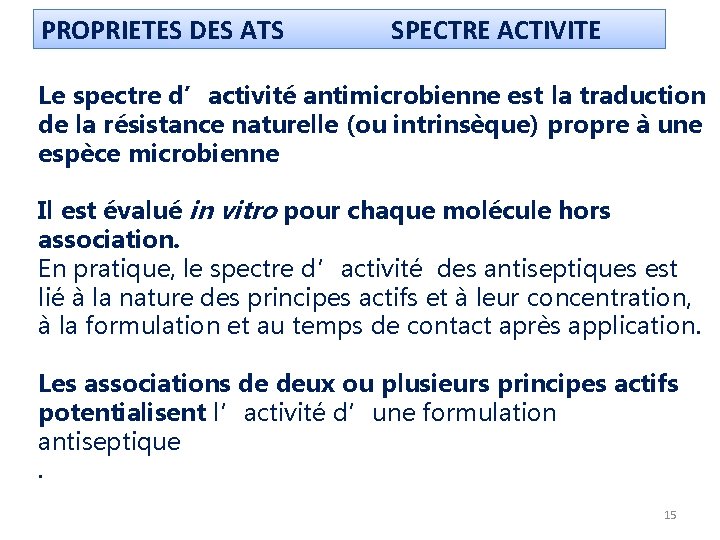 PROPRIETES DES ATS SPECTRE ACTIVITE Le spectre d’activité antimicrobienne est la traduction de la
