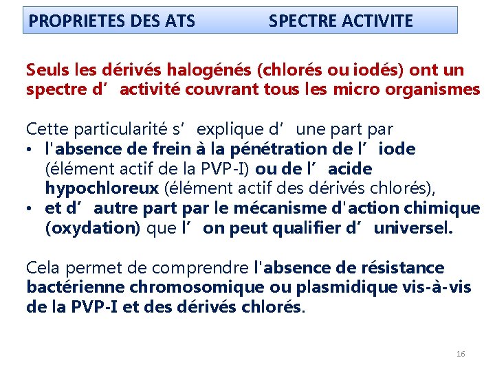 PROPRIETES DES ATS SPECTRE ACTIVITE Seuls les dérivés halogénés (chlorés ou iodés) ont un