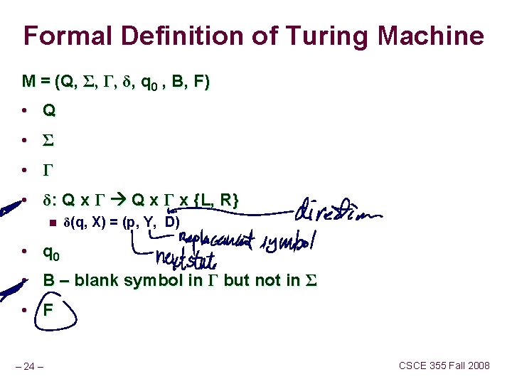 Formal Definition of Turing Machine M = (Q, Σ, Γ, δ, q 0 ,