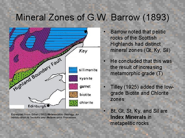 Mineral Zones of G. W. Barrow (1893) • Barrow noted that pelitic rocks of