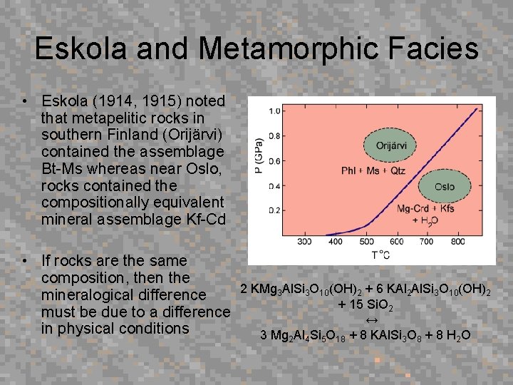 Eskola and Metamorphic Facies • Eskola (1914, 1915) noted that metapelitic rocks in southern