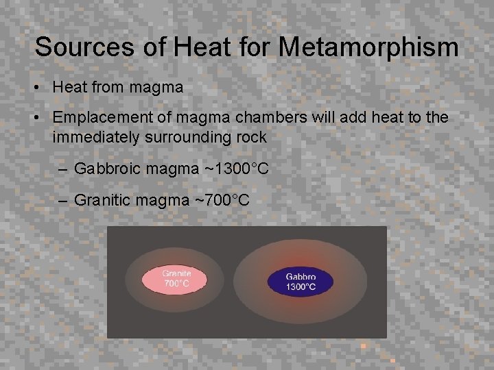 Sources of Heat for Metamorphism • Heat from magma • Emplacement of magma chambers