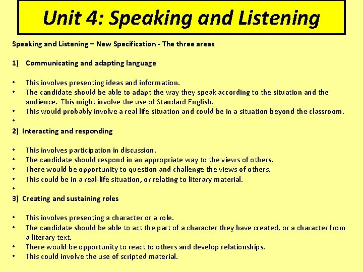 Unit 4: Speaking and Listening – New Specification - The three areas 1) Communicating Unit 4: Speaking and Listening – New Specification - The three areas 1) Communicating