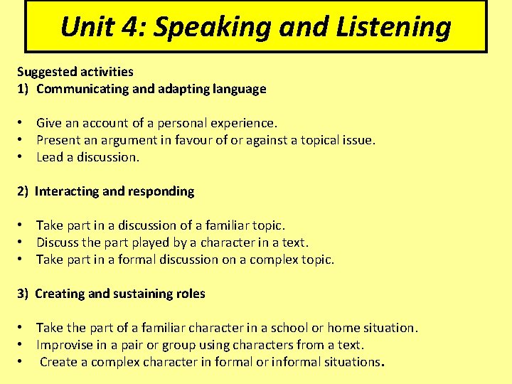 Unit 4: Speaking and Listening Suggested activities 1) Communicating and adapting language • Give Unit 4: Speaking and Listening Suggested activities 1) Communicating and adapting language • Give