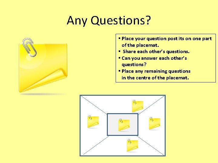 Any Questions? § Place your question post its on one part of the placemat. Any Questions? § Place your question post its on one part of the placemat.