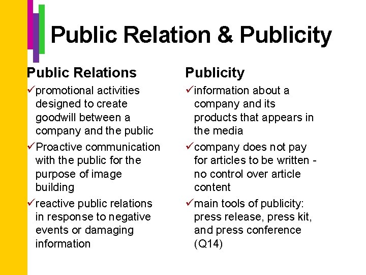 Public Relation & Publicity Public Relations Publicity üpromotional activities designed to create goodwill between