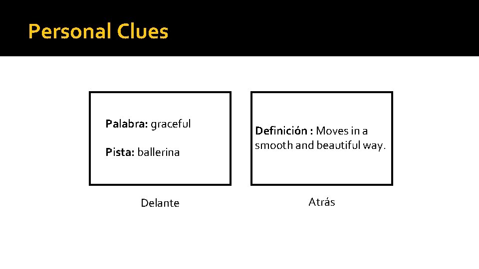 Personal Clues Palabra: graceful Pista: ballerina Delante Definición : Moves in a smooth and