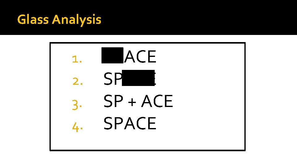 Glass Analysis 1. 2. 3. 4. SPACE SP + ACE SPACE 