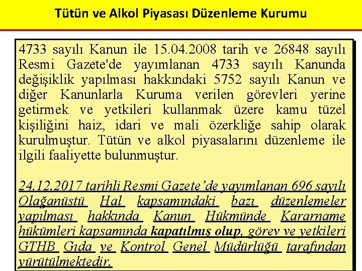 Tütün ve Alkol Piyasası Düzenleme Kurumu 4733 sayılı Kanun ile 15. 04. 2008 tarih