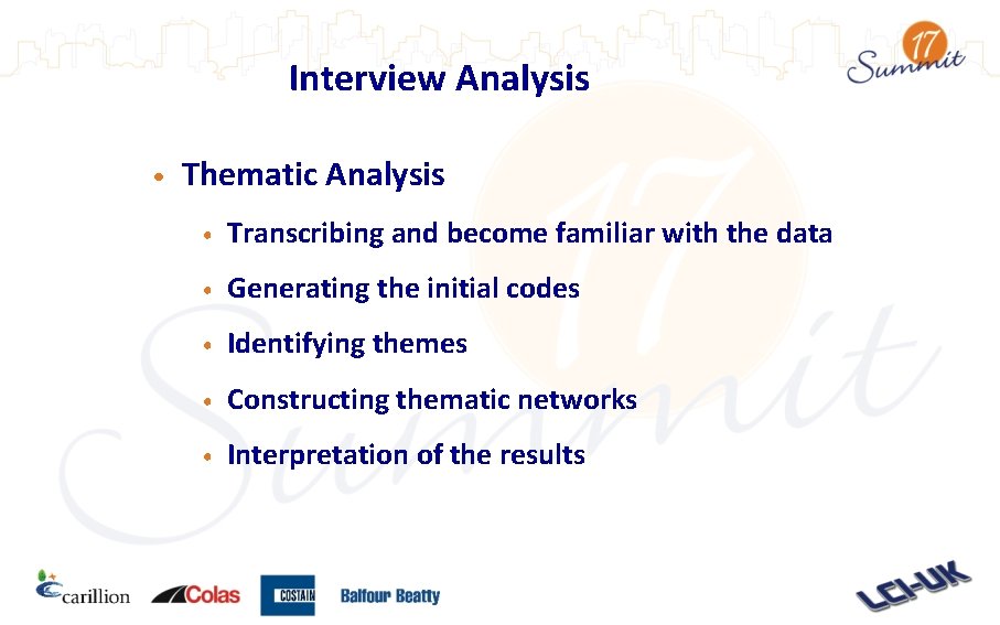 Interview Analysis • Thematic Analysis • Transcribing and become familiar with the data • Interview Analysis • Thematic Analysis • Transcribing and become familiar with the data •