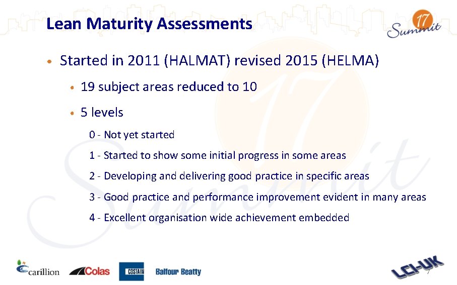 Lean Maturity Assessments • Started in 2011 (HALMAT) revised 2015 (HELMA) • 19 subject Lean Maturity Assessments • Started in 2011 (HALMAT) revised 2015 (HELMA) • 19 subject