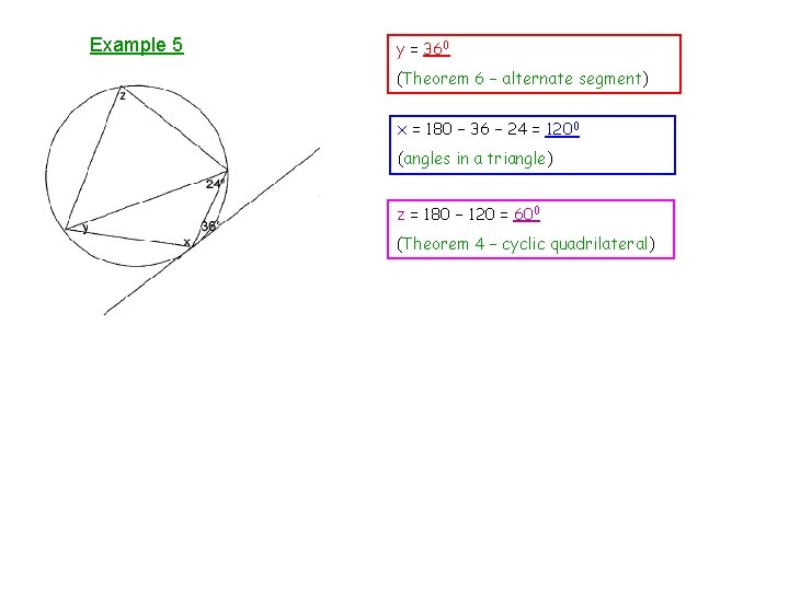 Example 5 y = 360 (Theorem 6 – alternate segment) x = 180 –