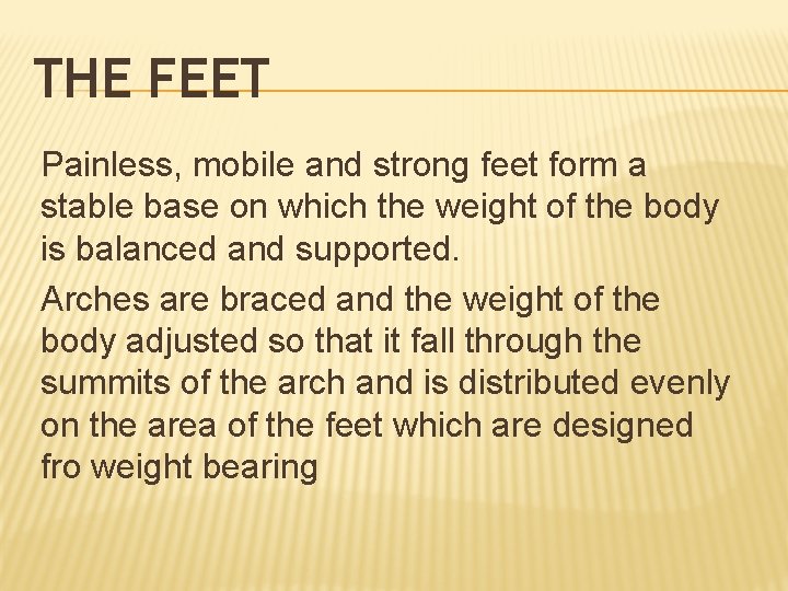 THE FEET Painless, mobile and strong feet form a stable base on which the