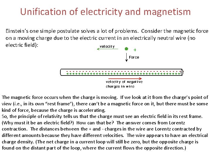 Unification of electricity and magnetism Einstein’s one simple postulate solves a lot of problems. Unification of electricity and magnetism Einstein’s one simple postulate solves a lot of problems.