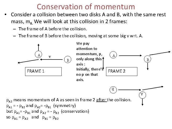 Conservation of momentum • Consider a collision between two disks A and B, with Conservation of momentum • Consider a collision between two disks A and B, with