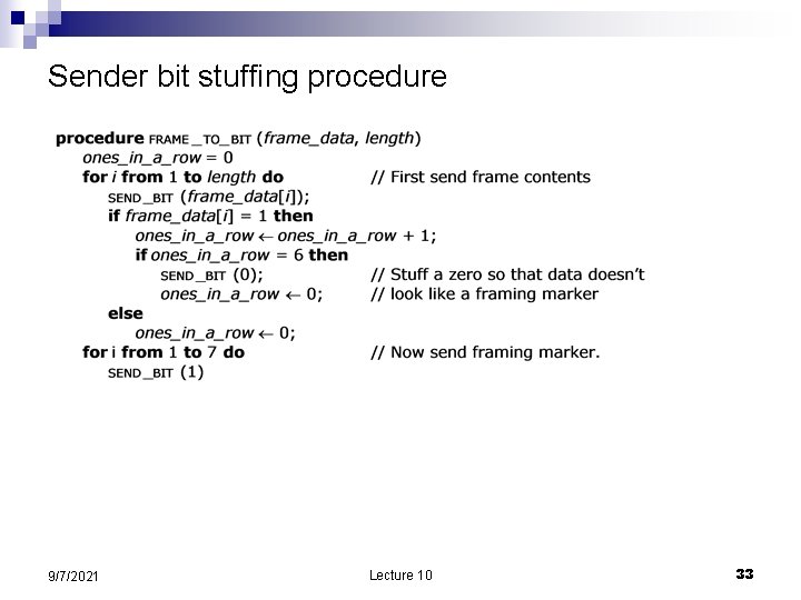 Sender bit stuffing procedure 9/7/2021 Lecture 10 33 