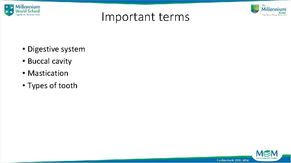 Important terms • Digestive system • Buccal cavity • Mastication • Types of tooth