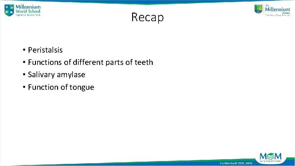 Recap • Peristalsis • Functions of different parts of teeth • Salivary amylase •