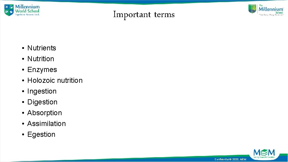 Important terms • • • Nutrients Nutrition Enzymes Holozoic nutrition Ingestion Digestion Absorption Assimilation