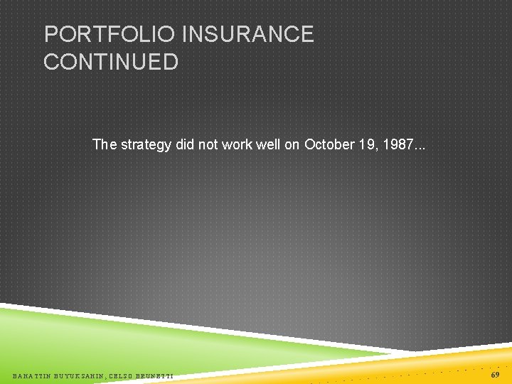 PORTFOLIO INSURANCE CONTINUED The strategy did not work well on October 19, 1987. .