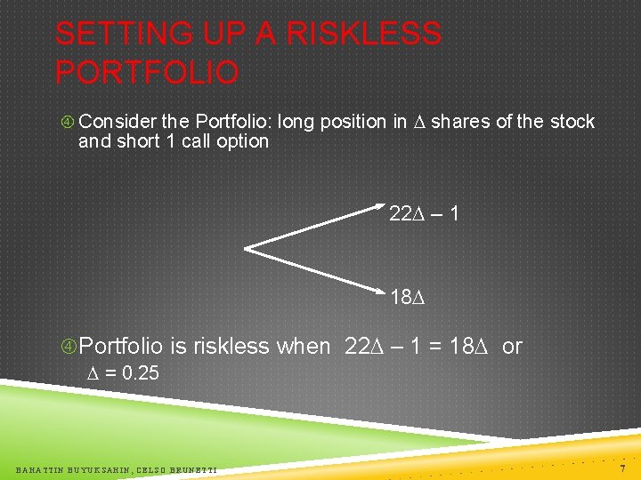 SETTING UP A RISKLESS PORTFOLIO Consider the Portfolio: long position in shares of the