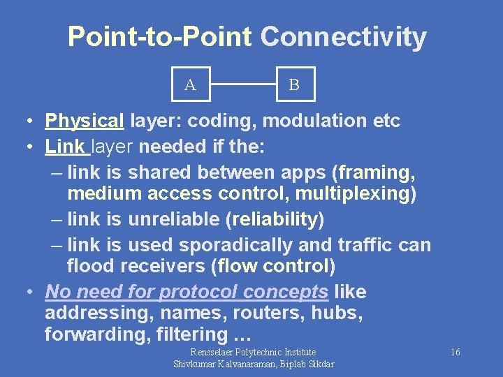 Point-to-Point Connectivity A B • Physical layer: coding, modulation etc • Link layer needed
