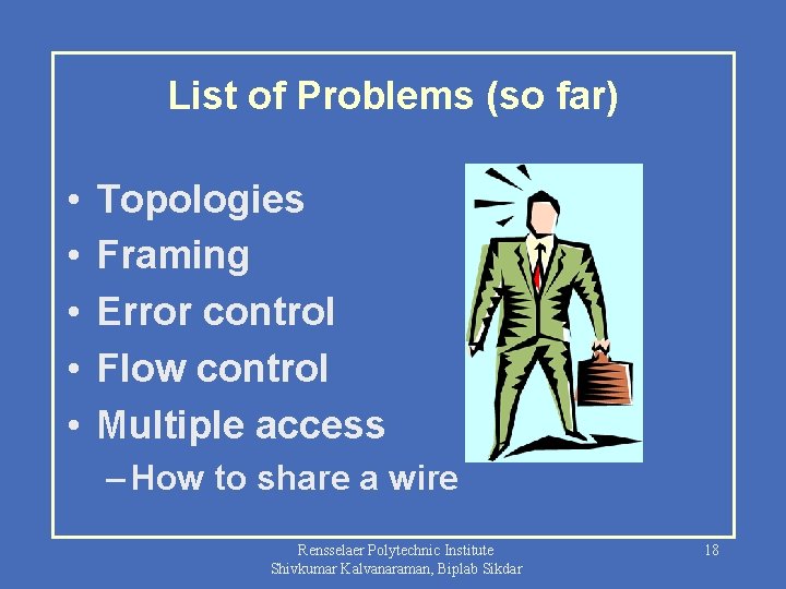 List of Problems (so far) • • • Topologies Framing Error control Flow control
