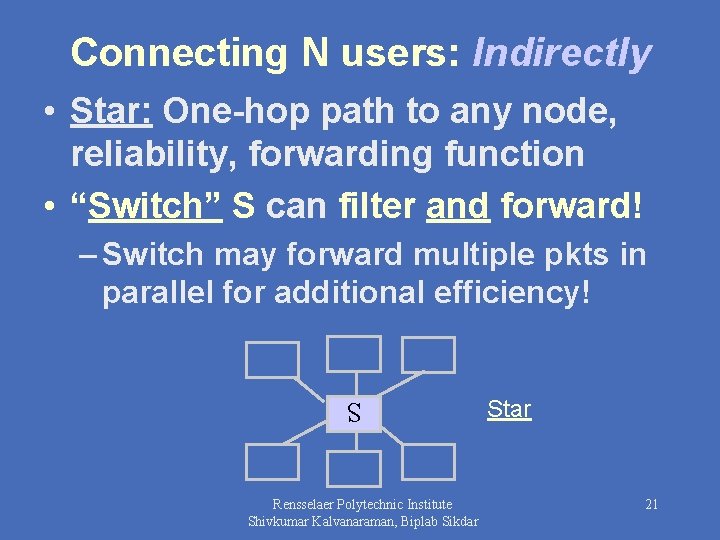 Connecting N users: Indirectly • Star: One-hop path to any node, reliability, forwarding function