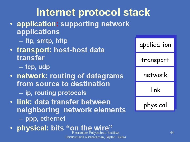 Internet protocol stack • application: supporting network applications – ftp, smtp, http • transport: