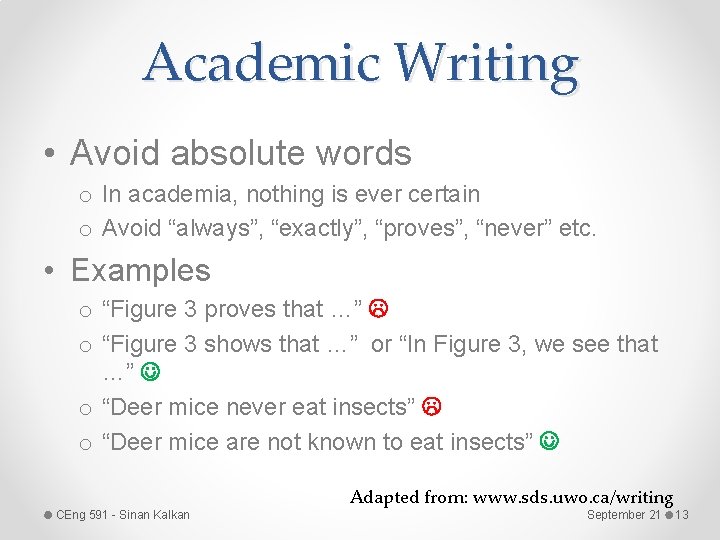 Academic Writing • Avoid absolute words o In academia, nothing is ever certain o