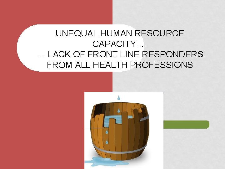UNEQUAL HUMAN RESOURCE CAPACITY … … LACK OF FRONT LINE RESPONDERS FROM ALL HEALTH UNEQUAL HUMAN RESOURCE CAPACITY … … LACK OF FRONT LINE RESPONDERS FROM ALL HEALTH
