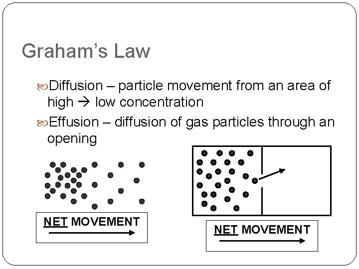 Graham’s Law Diffusion – particle movement from an area of high low concentration Effusion