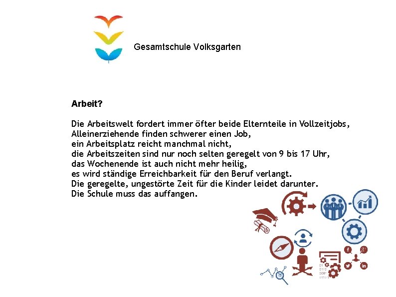 Gesamtschule Volksgarten Arbeit? Die Arbeitswelt fordert immer öfter beide Elternteile in Vollzeitjobs, Alleinerziehende finden