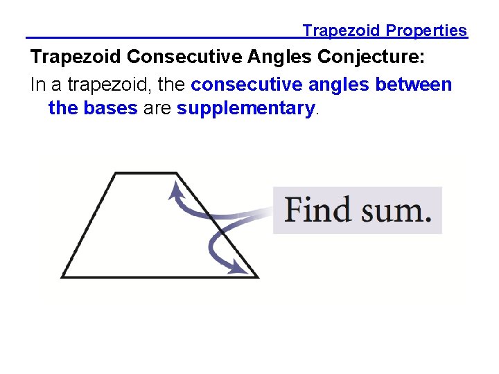 Trapezoid Properties Trapezoid Consecutive Angles Conjecture: In a trapezoid, the consecutive angles between the