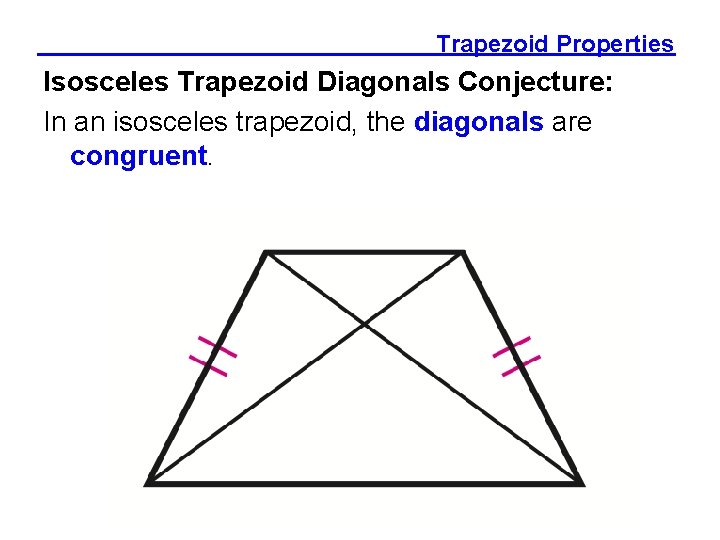 Trapezoid Properties Isosceles Trapezoid Diagonals Conjecture: In an isosceles trapezoid, the diagonals are congruent.
