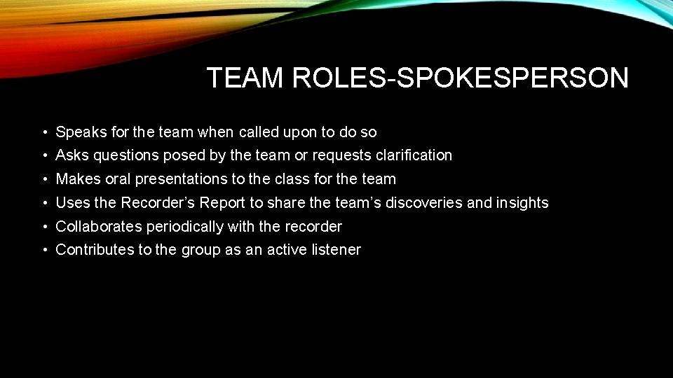 TEAM ROLES-SPOKESPERSON • Speaks for the team when called upon to do so •