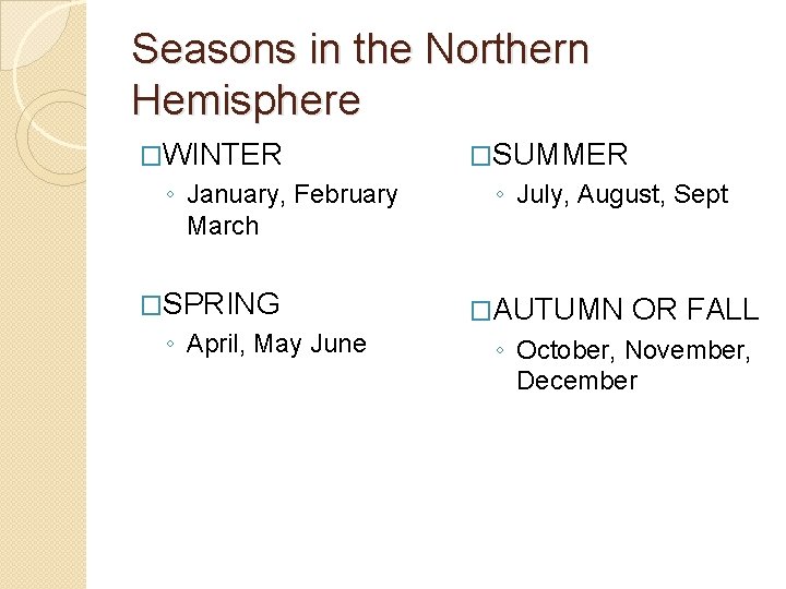 Seasons in the Northern Hemisphere �WINTER ◦ January, February March �SPRING ◦ April, May